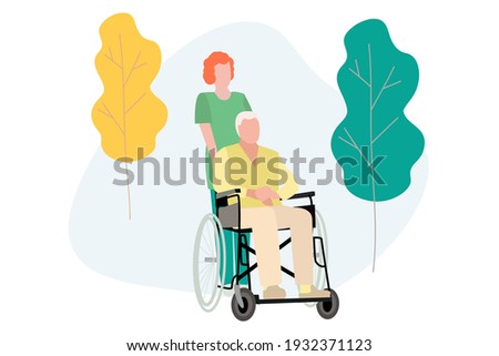 Elderly people and pensioners are hospitalized in quarantine, a disabled person in a wheelchair, who is being driven by a nurse, a nurse. Vector illustration. Vector, EPS 10 Royalty-Free Stock Photo #1932371123