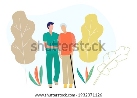 Elderly people and pensioners are hospitalized in quarantine, treated in a hospital. A patient's walk with a doctor, nurse, or nurse. Vector illustration. Vector, EPS 10 Royalty-Free Stock Photo #1932371126