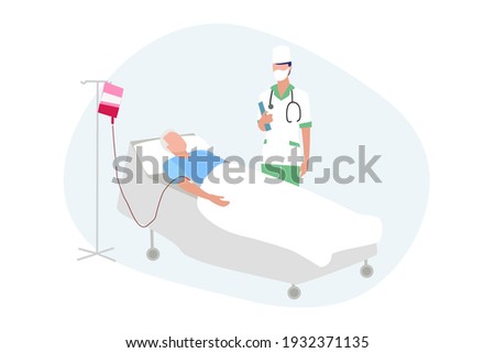 Elderly people and pensioners are hospitalized in quarantine, treated in a hospital. An elderly man is given an IV by a doctor. Vector, EPS 10. Royalty-Free Stock Photo #1932371135
