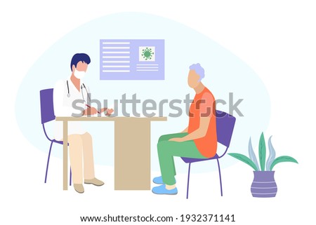 Elderly people and pensioners are hospitalized in quarantine, treated in a hospital. An elderly lady came to see a doctor. Vector, EPS 10. Royalty-Free Stock Photo #1932371141