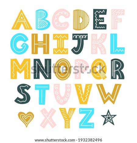The Scandinavian color bright alphabet. Font design in the Scandinavian style. Simple vector alphabet for postcards, posters, prints, T-shirts. Alphabet for kids. Heart and star.