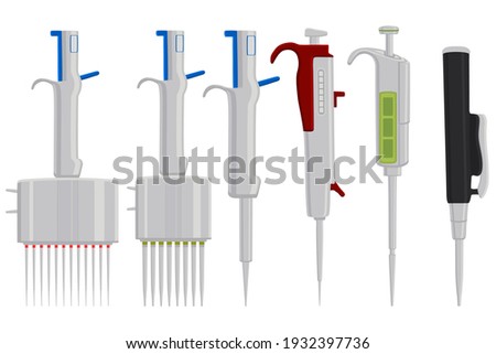 Illustration on theme big kit different medical pipette, dropper for laboratory. Pattern dropper consisting of many laboratory medical pipette on background. Medical pipette it dropper from laboratory Royalty-Free Stock Photo #1932397736