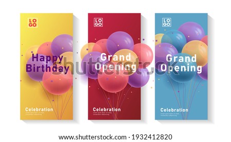 Set of leaflets or flyers with 3d Realistic Colorful Bunch of Birthday Balloons, event invitation, grand opening celebration