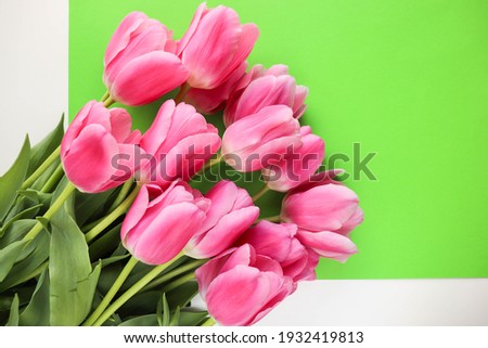 postcard mockup. spring flowers. tulip bouquet and space for text 