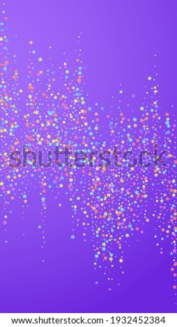 Festive pretty confetti. Celebration stars. Colorful stars on violet background. Fresh festive overlay template. Vertical vector background.