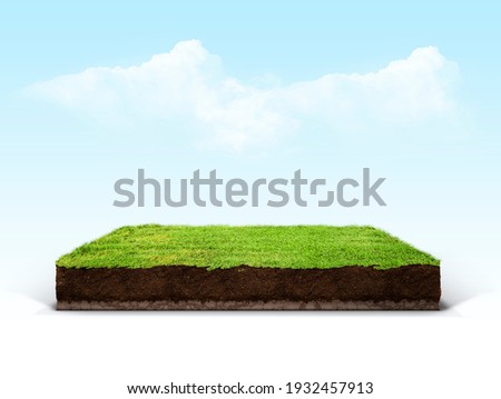 cubical cross section with underground earth soil and green grass on top, cutaway terrain surface with mud and field isolated Royalty-Free Stock Photo #1932457913