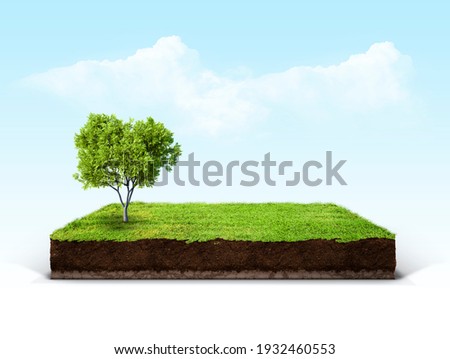 cubical cross section with underground earth soil and green grass on top, cutaway terrain surface with mud and field isolated Royalty-Free Stock Photo #1932460553