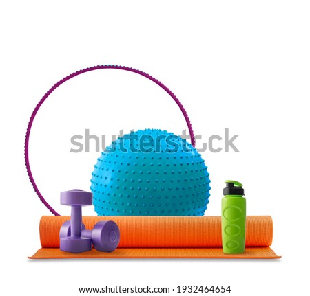 still life of group sports equipment for womens , on white background, isolated. Fitness concept Royalty-Free Stock Photo #1932464654