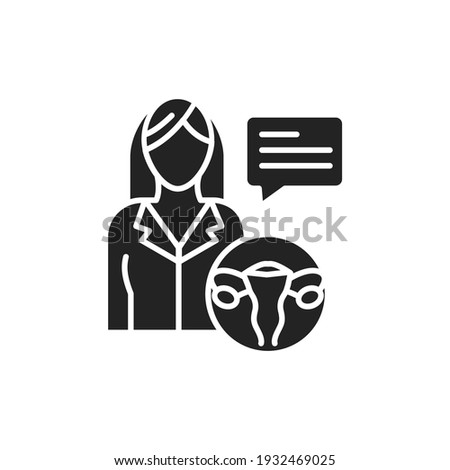 Consultation with doctor gynecologist black glyph icon. Female reproductive system checkup. Sign for web page, mobile app, button, logo