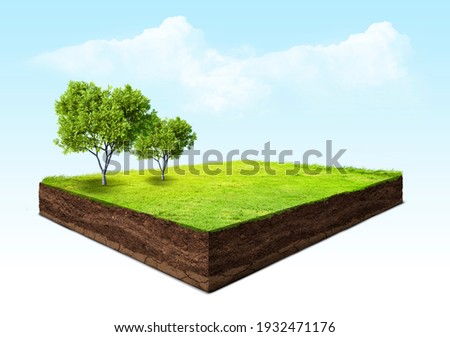 cubical cross section with underground earth soil and green grass on top, cutaway terrain surface with mud and field isolated Royalty-Free Stock Photo #1932471176