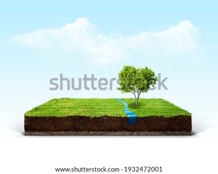 cubical cross section with underground earth soil and water and green grass on top, cutaway terrain surface with mud and field isolated Royalty-Free Stock Photo #1932472001