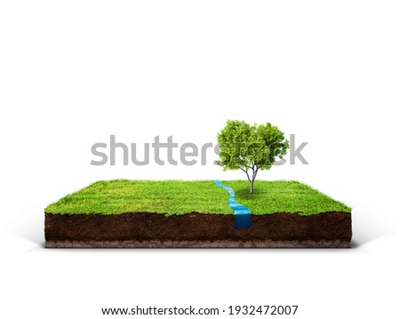cubical cross section with underground earth soil and water and green grass on top, cutaway terrain surface with mud and field isolated Royalty-Free Stock Photo #1932472007