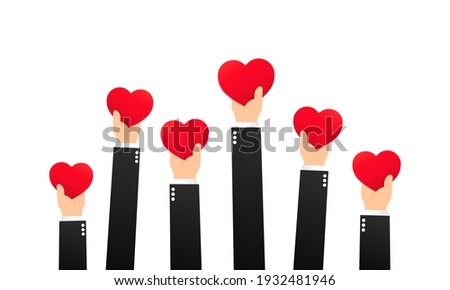 Hands holding hearts illustration. Donation box. Donate, giving money and love. Vector on isolated white background. EPS 10