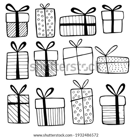 Hand drawn doodles. Collection of simple images of different gift boxes. Various gifts and bows.