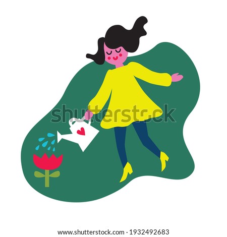 The girl waters the flower of their watering can. Cute vector illustration.