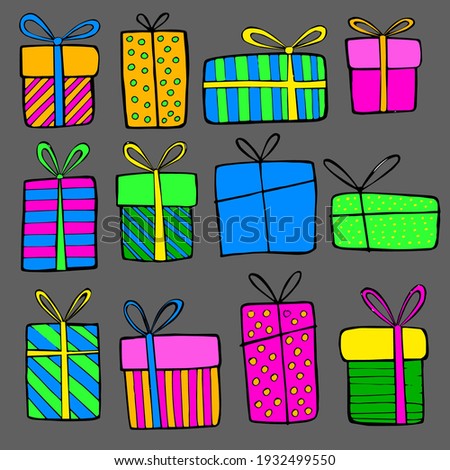 Collection of simple images of different gift boxes. Various gifts and bows. Hand drawn colored doodle illustration. Gift boxes of different colors.