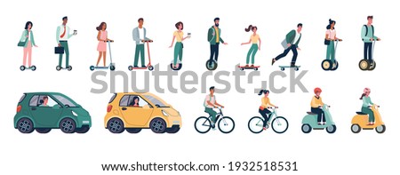 Green energy, vector set of environmentally friendly alternative vehicles. People, men and women ride modern eco-cars, electric scooters, skateboards, bicycles, mopeds.