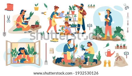 People planting flowers in garden, man and woman gardener s potting plants and veggies isolated flat cartoon set. Vector landscape designers and farming equipment. Spade, water can, flowerpots on sill