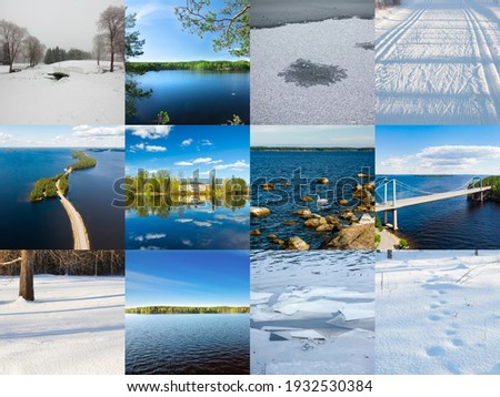 Collage of winter and summer nature photos in form of Finnish flag. Full size.
