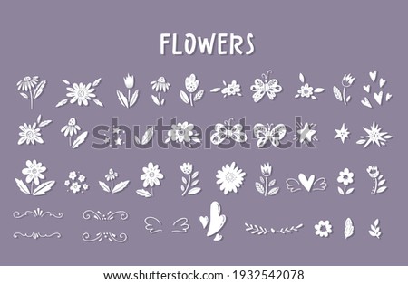 Vector spring set of flowers and butterflies isolated on background. Paper cut collection