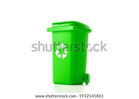 Trash recycle. Bin container for disposal garbage waste and save environment. Green dustbin for recycle glass can trash isolated on white background Royalty-Free Stock Photo #1932545861