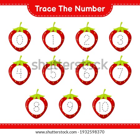 Trace the number. Tracing number with Strawberry. Educational children game, printable worksheet, vector illustration