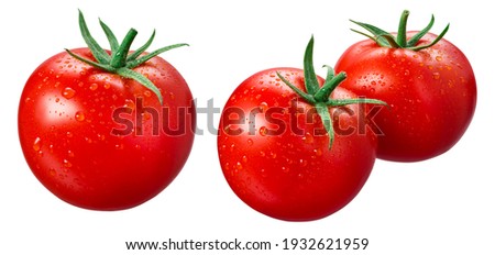 Tomato isolated. Tomatoes with drops on white background. Set of wet tomato. With clipping path. Royalty-Free Stock Photo #1932621959