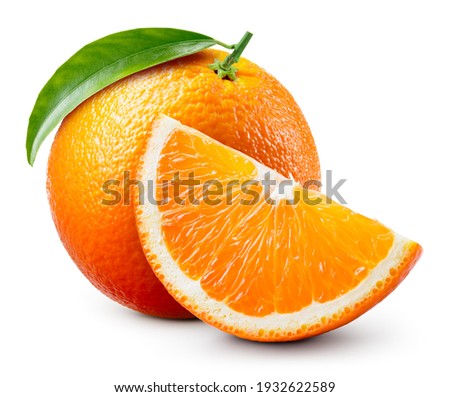 Orange fruit isolate. Orange citrus with leaf on white background. Whole orange fruit with slice. Full depth of field. Perfect not AI orange fruit, true photo.