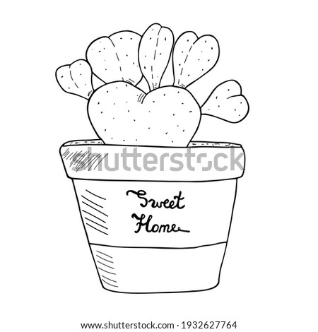 Heart shape cactus in a ceramic pot. Love plant hand drawn vector sweet home  illustration