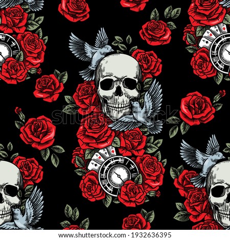 Skull, birds, clock, cards and red roses. Hand drawn vector illustration. Seamless pattern with tattoo style art