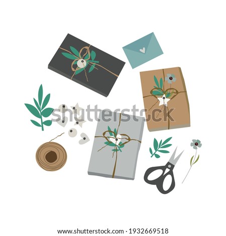 Gift box decoration with all the details like scissors, ribbon, wrapping paper, decorative flowers, details and a postcard. Vector illustration 
