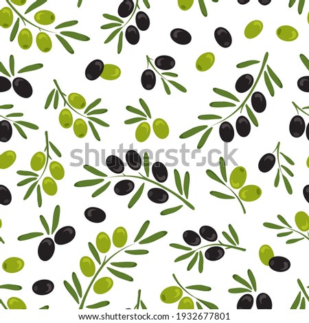 Olive branch leaf vector seamless patetrn, italian fruits, green and black olive background, hand drawn plant. Nature illustration Royalty-Free Stock Photo #1932677801