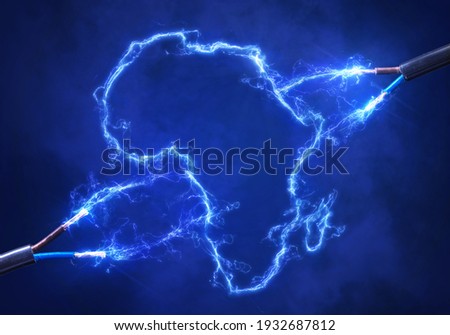 Flow of energy in the shape of Africa appears between a cut cable.(series) Royalty-Free Stock Photo #1932687812