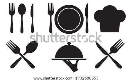 spoon, Fork, knife, chef hat and plate icon set, Hand holding food tray , Dinner service collection, Silhouette of cutlery. Vector illustration Royalty-Free Stock Photo #1932688553