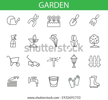 set with garden icons vector simple thin line drawing abstract  icon isolated black on white background Royalty-Free Stock Photo #1932691733