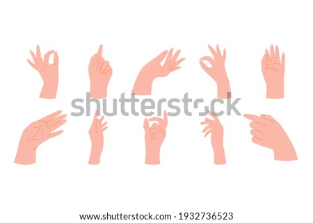 Collection of Woman Naturalistic Hands showing different gestures. Holding, forefinger sign and open palm pointing at something. Hand drawn flat vector elements illustration.