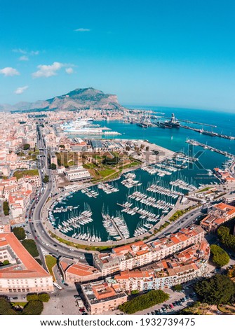 Palermo City, Sicily island in Italy. Aerial view of beautiful Mediterranean town. Drone Photography Royalty-Free Stock Photo #1932739475