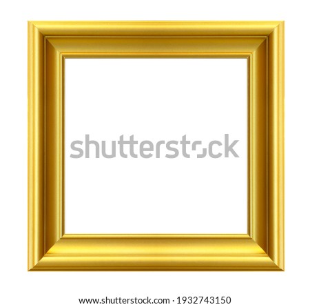 Golden wooden photo frame isolated on white background, designed for interior decoration.