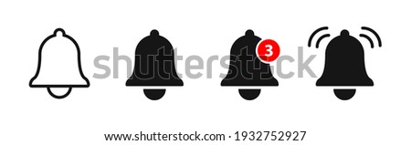 Notification Bell Icon. Set of Bell Vector Symbols for Notifications, Ringing, Alarm clock, Smartphone Application Alert.  Royalty-Free Stock Photo #1932752927