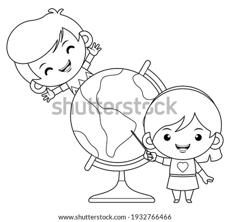 Illustration vector graphic of coloring book for kids. Cartoon Smiley Boy Pointing and Girl Learning With The World Globe. Good to use for children coloring book.