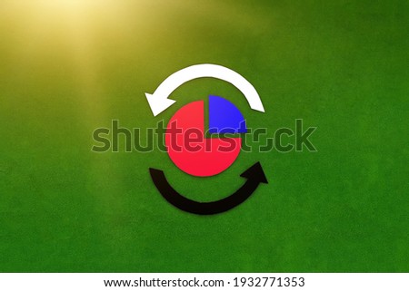 A round graph in red and blue, two round arrows in white and black on a green background. Analysis of the financial activity process.