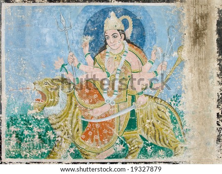 Old decayed wall painting of indian god Vishnu