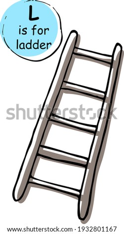 Long wooden metal step ladder. Hand drawn cartoon sketch style vector illustration, black, brown isolated on white background. Concept for kids children learning material, alphabet, wrapping print