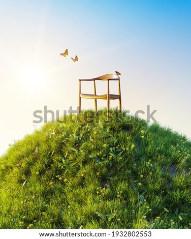 Natural morning green field of fresh grass environment, little hill meadow with butterflies flying around wooden chair. Hoping concept