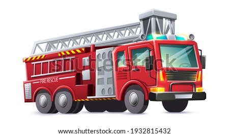 Vector cartoon style fire rescues red truck, isolated on white background.
