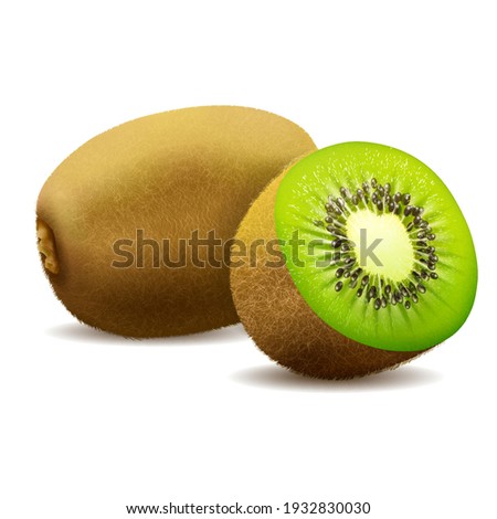 Whole juicy kiwi and half green kiwi, kiwi cut with shadow on white background vector 3d realistic Royalty-Free Stock Photo #1932830030