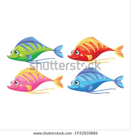 set of many funny fishes cartoon character isolated on white background