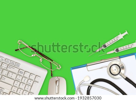 Image of flat lay for medical and health on green background
