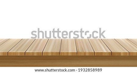 Wooden table foreground, wood tabletop front view, light brown rustic countertop surface. Outdoor dining desk plank texture isolated on white background, Realistic 3d vector illustration, mock up