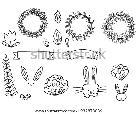 Black and white hand drawn clipart - easter bunnies, bunny rabbits, wreath art, sketch drawing.  Tall ears.  Flags and banners.